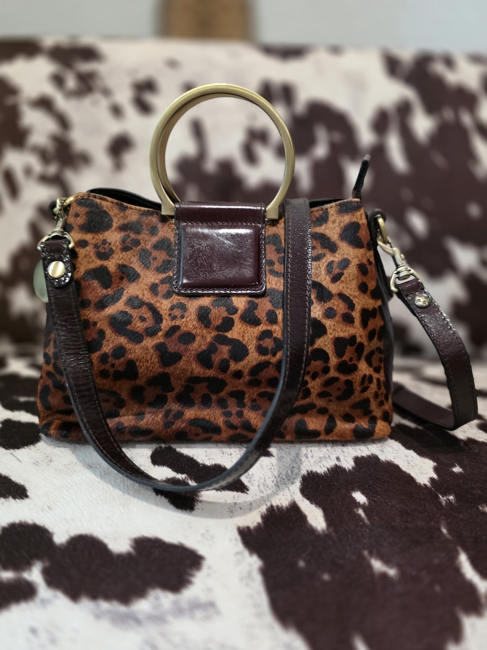 Leopard Print Top-Handle Satchel in Brown